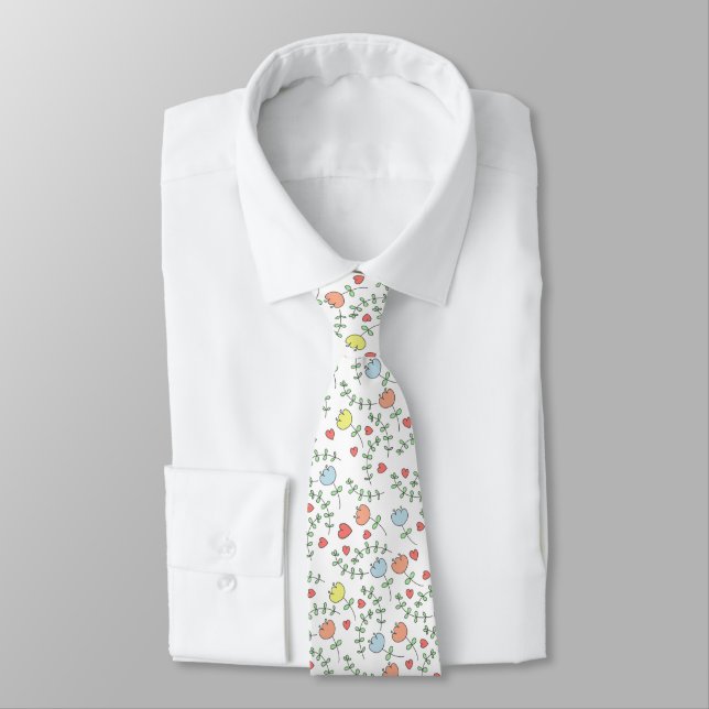 Corbata Patrón floral dibujado a mano con corazón (Atado)