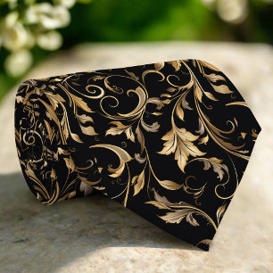 Corbata Patrón Floral Dorado  Elegante Lujo Moderno