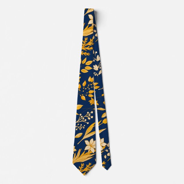 Corbata Patrón floral dorado para el otoño. DBlue BG (Anverso)