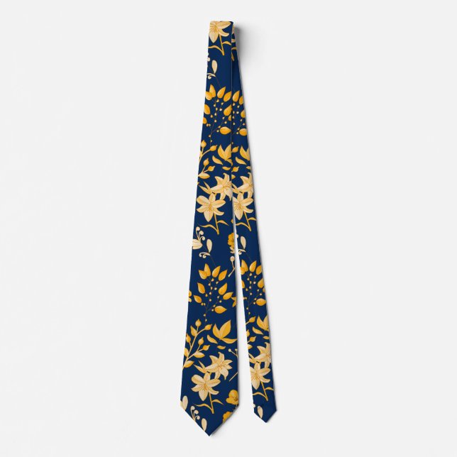 Corbata Patrón floral dorado para otoño.2 DBlue BG (Anverso)
