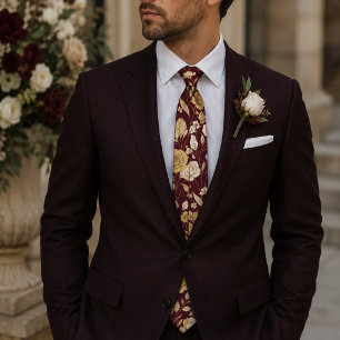 Corbata Patrón Floral Dorado Vintage Borgoña