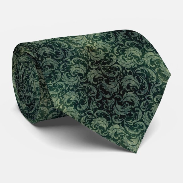 Corbata Patrón floral elegante adamascado verde (Enrollado)