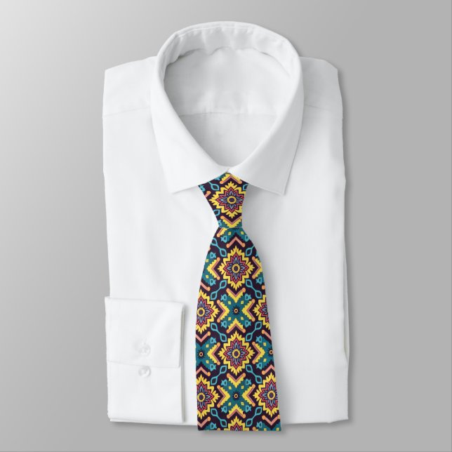 Corbata Patrón floral geométrico azteca vibrante (Atado)