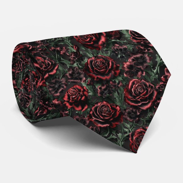 Corbata Patrón Floral Gótico Rojo Oscuro (Enrollado)