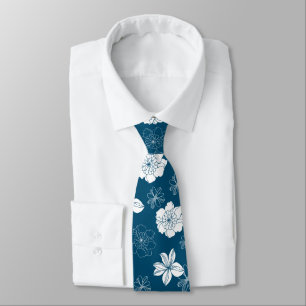 Corbata Patrón floral gráfico blanco y azul