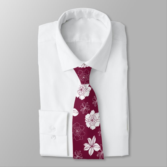Corbata Patrón floral gráfico blanco y borgoñés (Atado)