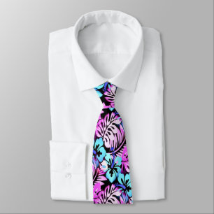 Corbata Patrón Floral Hawaiano Rosa Azul Acuático