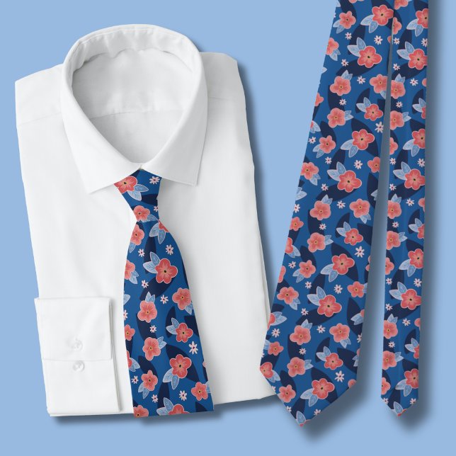 Corbata Patrón floral melocotón y azul (Peach floral blue tie )