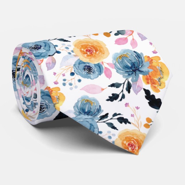 Corbata Patrón floral moderno en azul, Naranja y rosa (Enrollado)