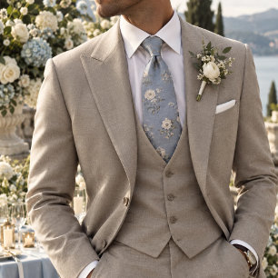 Corbata Patrón Floral Refinado Polvoriento Azul de Herenci