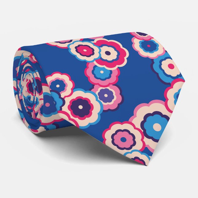 Corbata Patrón floral retro azul rosa de los 60 (Enrollado)