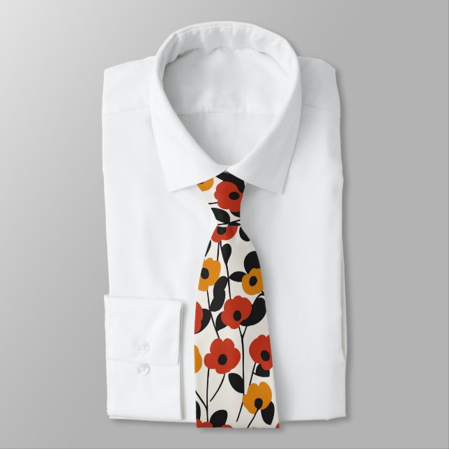 Corbata Patrón floral retro negrita rojo, Naranja y negro (Atado)