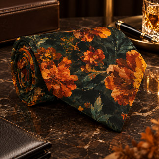 Corbata Patrón Floral Sin Costuras de Marigold Naranja Osc