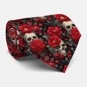 Corbata Patrón floral sin fisuras de cuervo y calavera gót