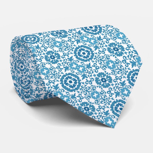 Corbata Patrón floral Swirl azul y blanco (Enrollado)