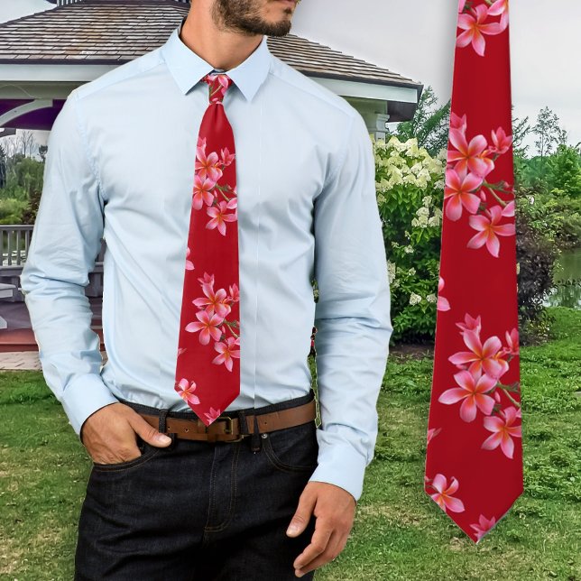 Corbata Patrón floral tropical rojo de plumeria rosa (Subido por el creador)