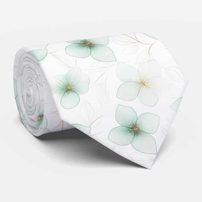 Corbata Patrón floral verde menta sobre fondo blanco (Enrollado)