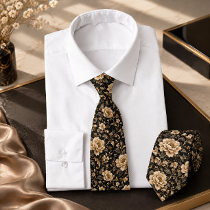 Corbata Patrón Floral Vintage Negro y Dorado sin Costuras