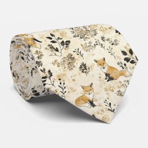 Corbata Patrón Floral Zorro Bosque de Oro Negro