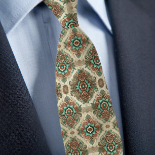 Corbata Patrón Formal Tradicional Crema Cobre Turquesa