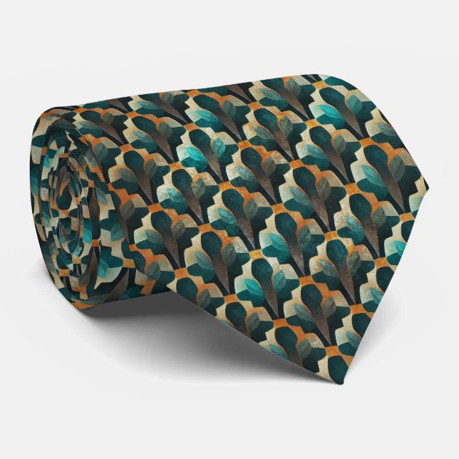 Corbata Patrón geométrico Art Deco en azul turquesa y dora (Enrollado)