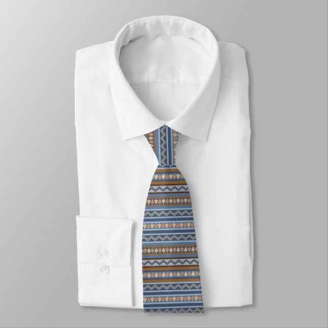 Corbata Patrón geométrico azul y marrón de estilo suroeste (Atado)