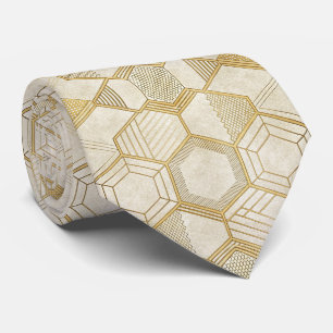 Corbata Patrón geométrico de mármol crema hexágono dorado