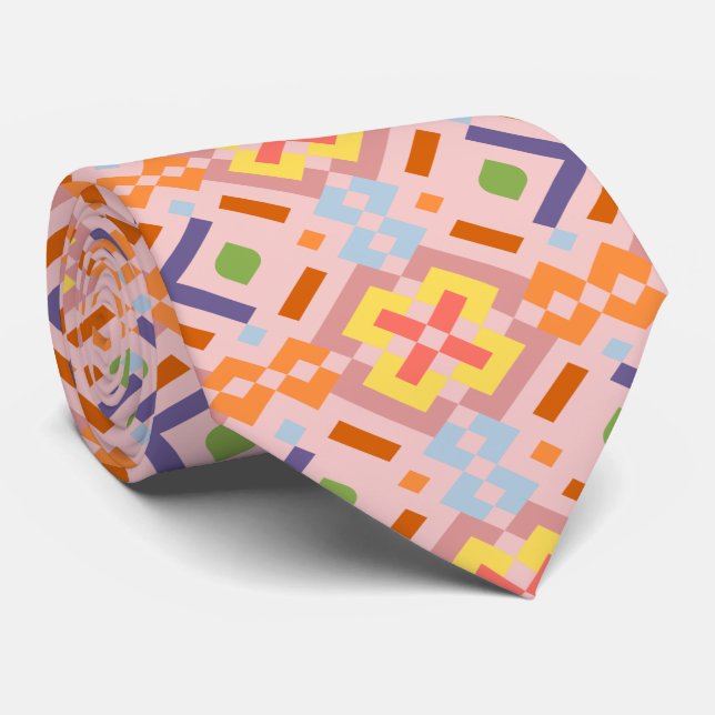 Corbata Patrón geométrico de mosaico de píxeles pastel ret (Enrollado)