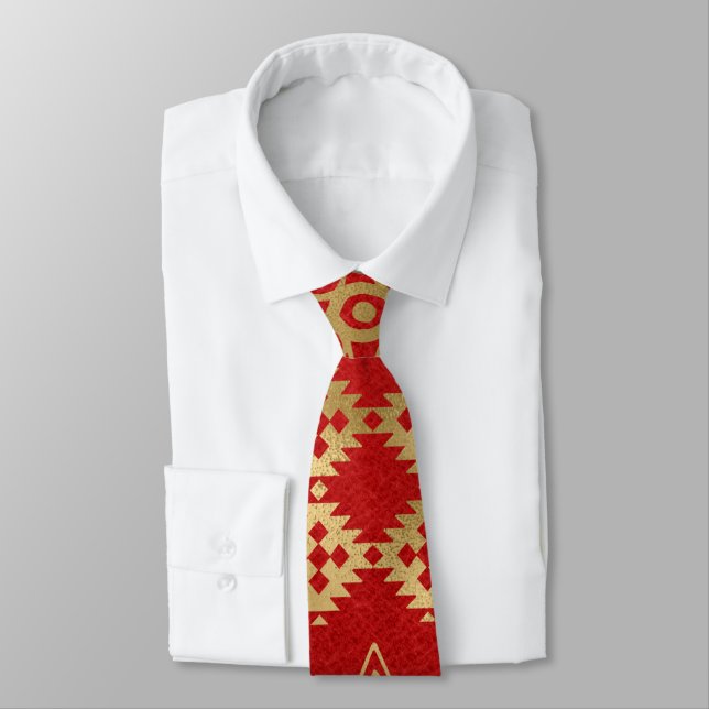 Corbata Patrón Geométrico del Suroeste Rojo y Dorado (Atado)