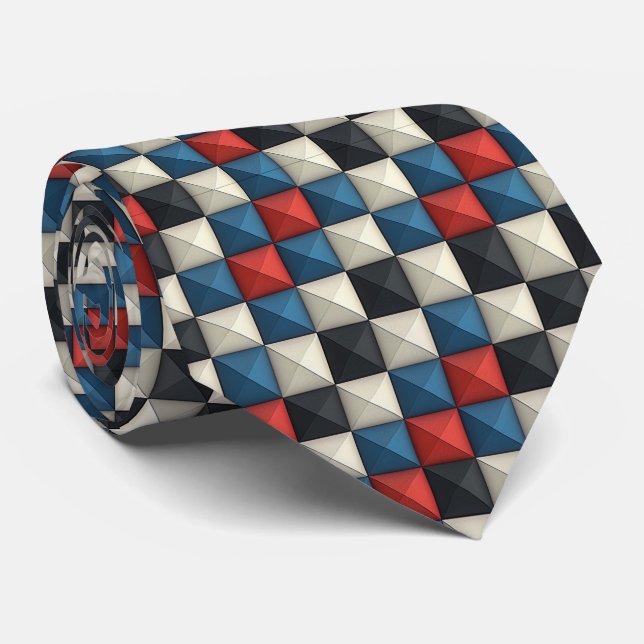 Corbata Patrón geométrico piramidal 3D - Rojo, Azul y Crem (Enrollado)