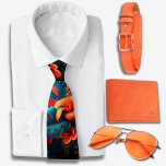 Corbata Patrón hawaiano Naranja vibrante<br><div class="desc">La corbata masculina de la prensa hawaiana presenta un diseño cautivador con exuberantes hojas tropicales verdes enmarcadas en un llamativo fondo negro. Los colores contrastantes crean un efecto atrevido y visualmente llamativo, haciendo de esta corbata un accesorio destacado para cualquier ocasión. La profunda sombra del negro proporciona un telón de...</div>
