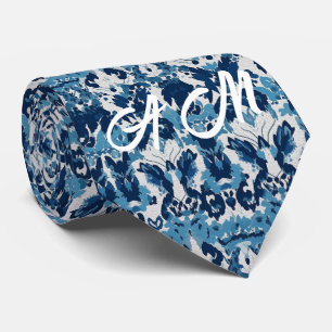 Corbata Patrón Ikat Retro Azul Blanco 2 Iniciales Monogram