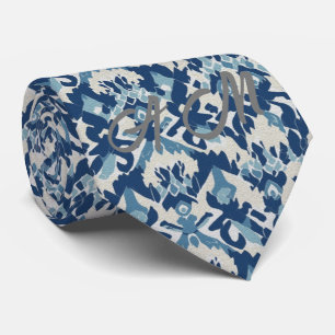 Corbata Patrón Ikat Retro Azul Blanco 3 Iniciales Monogram