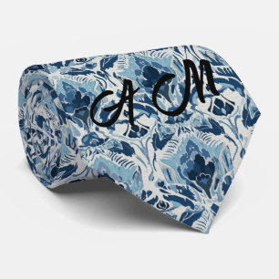 Corbata Patrón Ikat Retro Azul Blanco 4 Iniciales Monogram