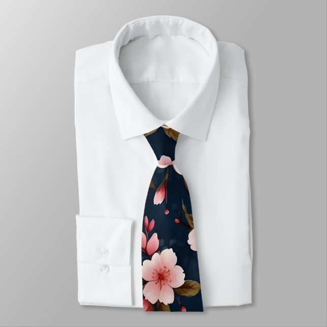 Corbata Patrón ilustrado de flores de cerezo rosa y azul (Atado)