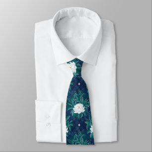 Corbata Patrón Lotus de la medianoche blanca