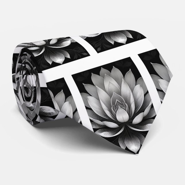 Corbata Patrón Lotus en blanco y negro (Enrollado)