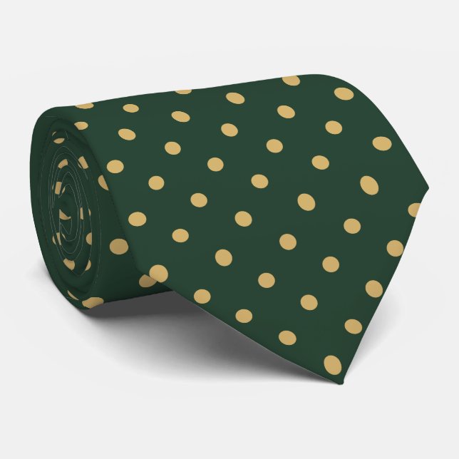 Corbata Patrón mini de lunares dorados sobre verde bosque  (Enrollado)