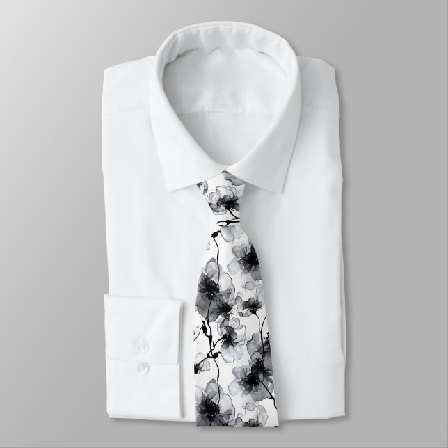 Corbata Patrón moderno floral negro blanco elegante (Atado)