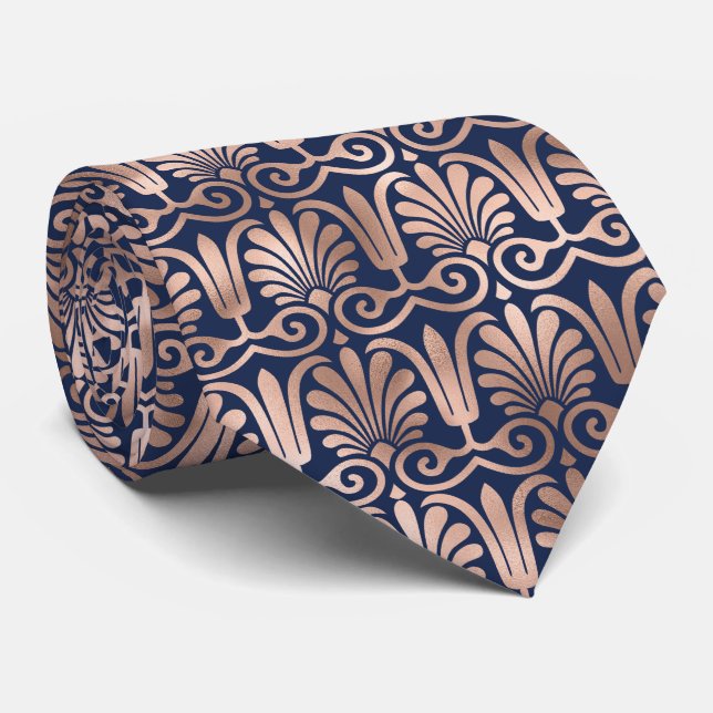 Corbata Patrón Ornato Deco Rosa Dorado Azul Marino (Enrollado)