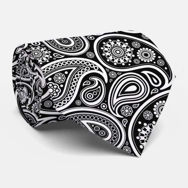 Corbata Patrón Paisley, paisley persa, negro y blanco (Enrollado)