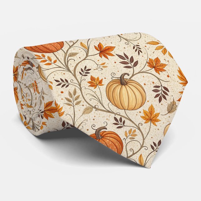Corbata Patrón rústico de calabaza y follaje de otoño (Enrollado)