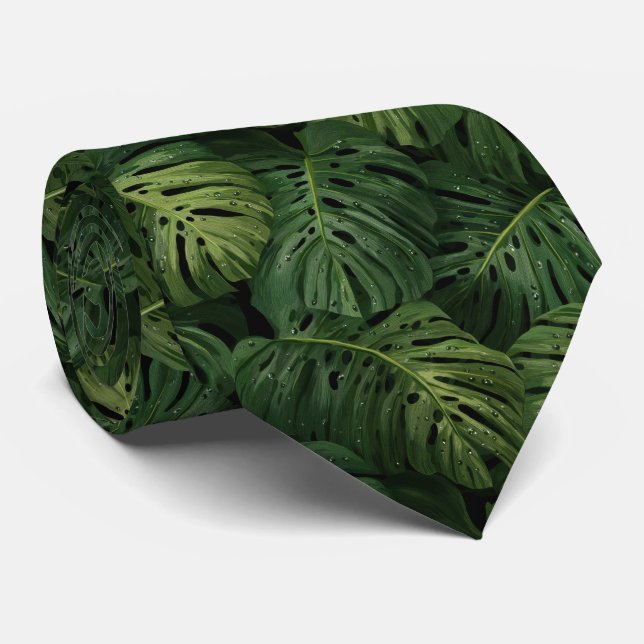 Corbata Patrón Tropical de Hoja de Monstera (Enrollado)