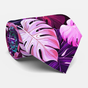 Corbata Patrón tropical hawaiano rosa de monstera