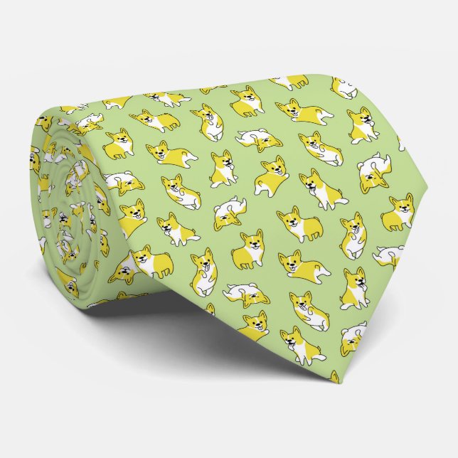 Corbata patrón verde de adorables perros corgis de dibujos (Enrollado)