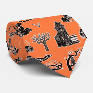 Corbata Patrón Vintage de Halloween en Naranja y Negro