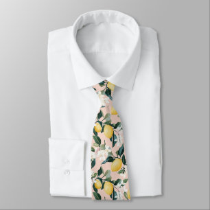 Corbata Patrón vintage de limón y flores en rosa