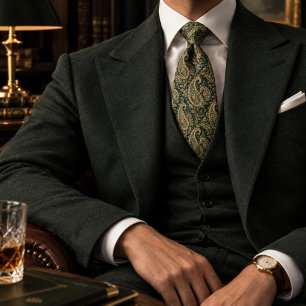 Corbata Patrón Vintage de Lujo de Paisley de Oro Esmeralda
