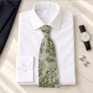 Corbata Patrón Vintage de Toile de Jouy Verde Oliva Francé