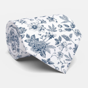 Corbata Patrón Vintage Toile-De-Jouy Floral Azul Marino 